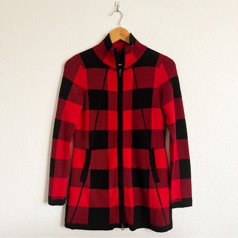 Adrienne Vittadini Red Buffalo Plaid Zip Up Fitted Sweater Jacket Cabincore